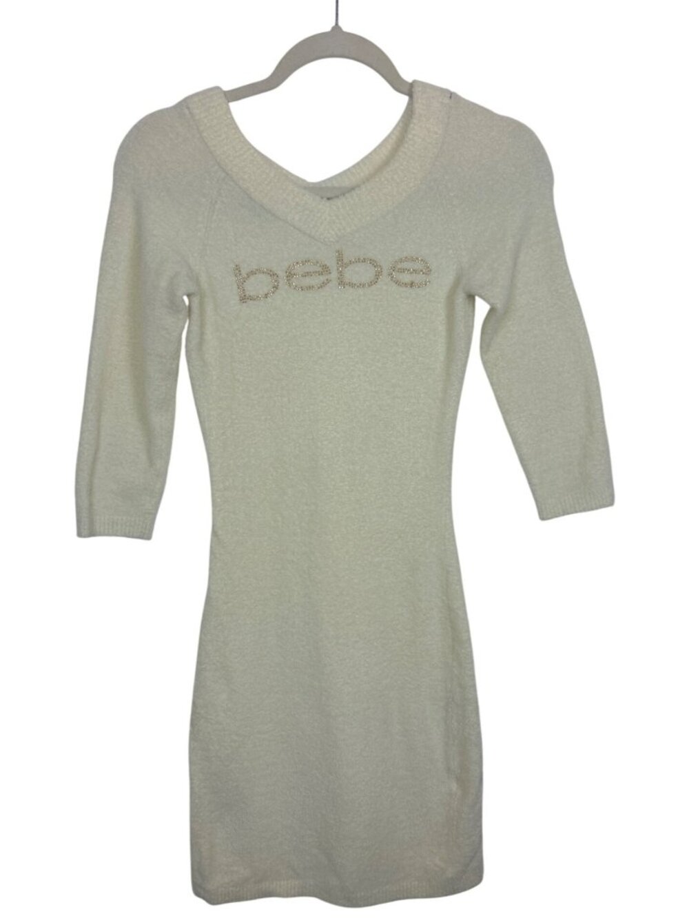 Bebe Sweater Dress Women's XS Cream Rhinestone Logo Y2K V Neck 3/4 Sleeve
